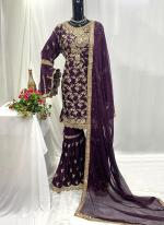 Chiffon Wine Wedding Wear Embroidery Work Readymade Sharara Suit